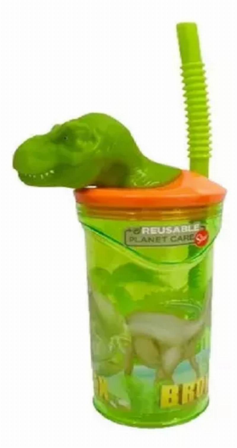 VASO 360ml.C/TAPAyPICO 3D FIGURIN DINO