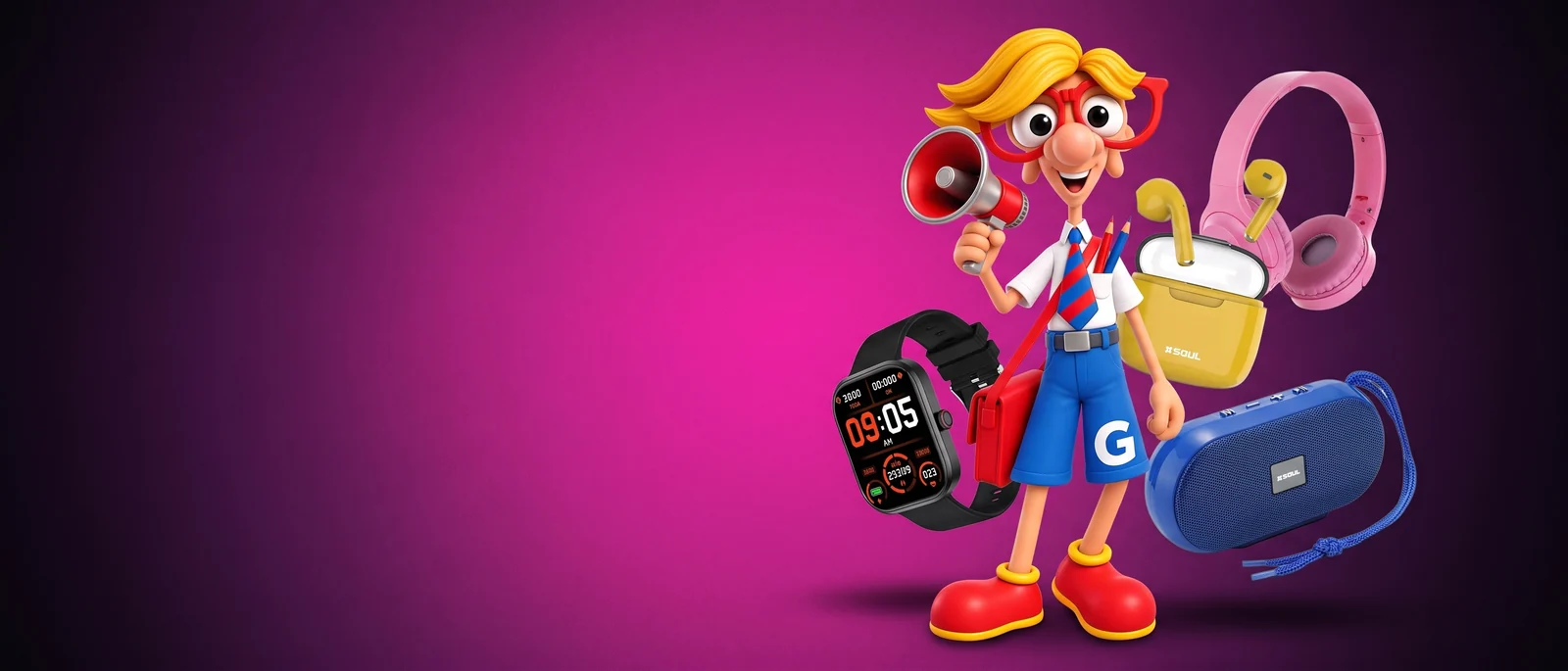 Gasolito presentando la línea Soul con auriculares, smartwatch y parlante